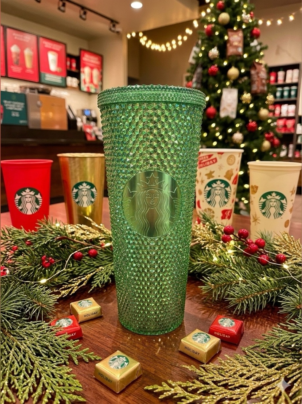 Starbucks Chrome Green Studded Tumbler 24oz Venti Cup Holiday Limited Edition